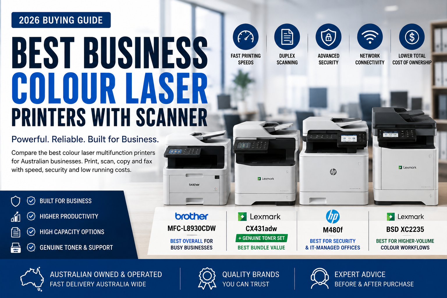 Best business colour laser printers with scanners from Brother, HP and Lexmark for Australian offices