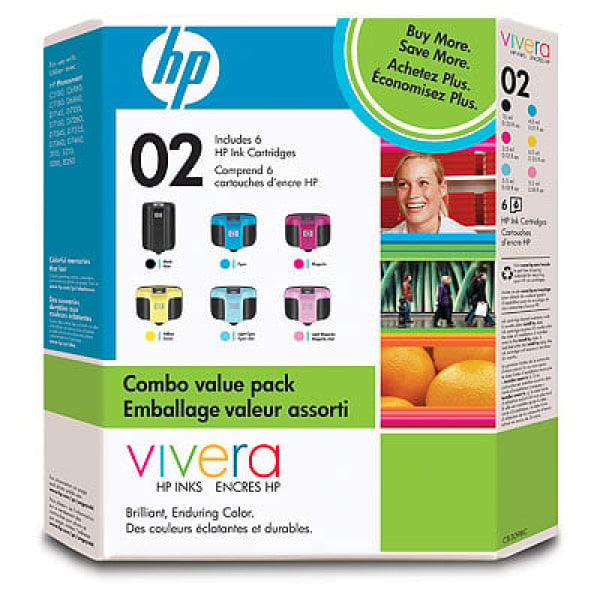 1 X Genuine Hp 02 Ink Cartridge Rainbow Value Pack (1Bk 1C 1M 1Y 1Lc 1Lm)) Sa378Aa -
