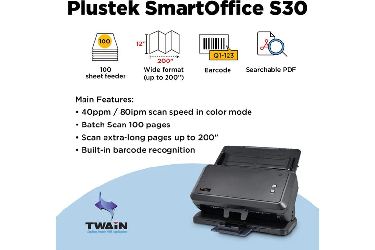 Plustek S30 Wide-Format Duplex Document Scanner 600dpi, Up to 12" and Long Up to 200"