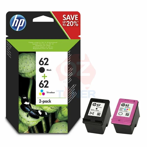 2X Pack Genuine Hp #62 Black & Colour Ink Cartridge Set Value (1Bk 1C) C2P04Aa C2P06Aa -
