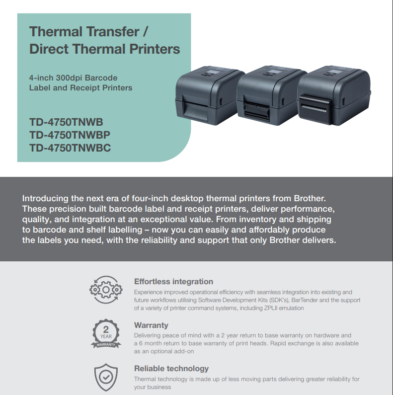 Brother TD-4750 Desktop Thermal Transfer Printer 300DPI Multi-Interface (TD-4750TNWB)