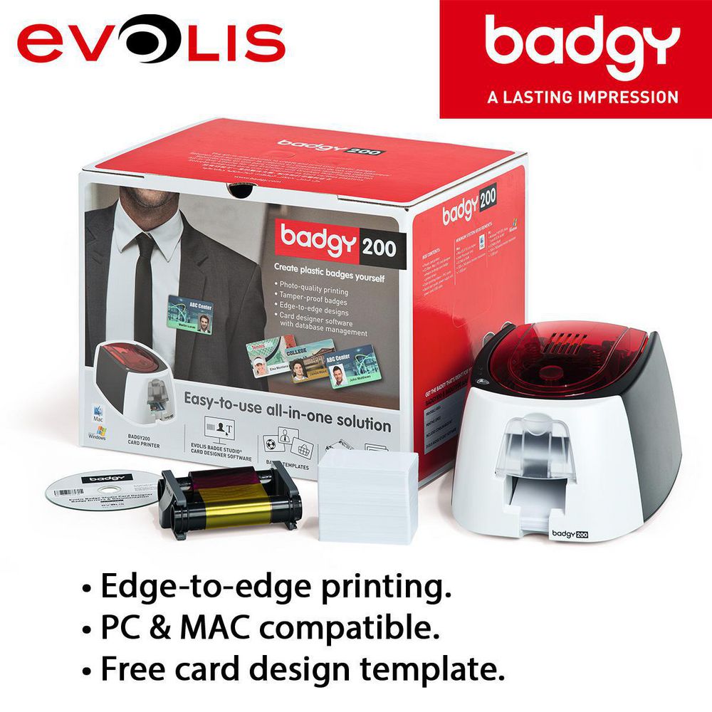 Badgy 200 Color Plastic ID Card Printer & Complete Supplies Package with Bodno Solution Software