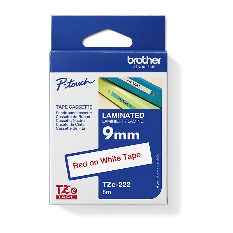Brother Genuine TZe-222 Laminated Label Tape 9mm Red on White (9mm x 8m)