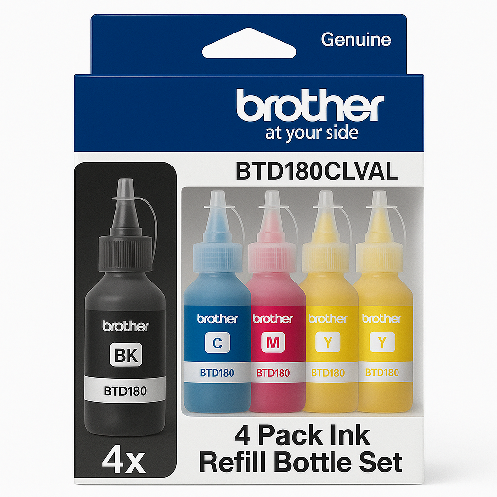 Bundle: Genuine 4x Pack Brother BTD180 C/M/Y/K Ink Refill Bottle Set for DCP-T580DW DCP-T780DW