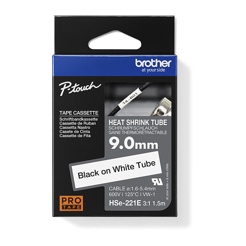 Genuine Brother HSe221E Black-on-White Heat Shrink Tube Cartridge 9mmx1.5M Labelling Tape