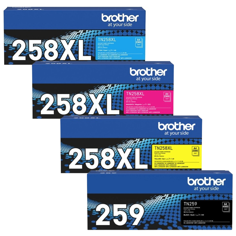 Bundle: Genuine Brother TN258XL C/M/Y+TN259BK Toner Cartridge Set for MFC-L8390CDW, HL-L8240CDW