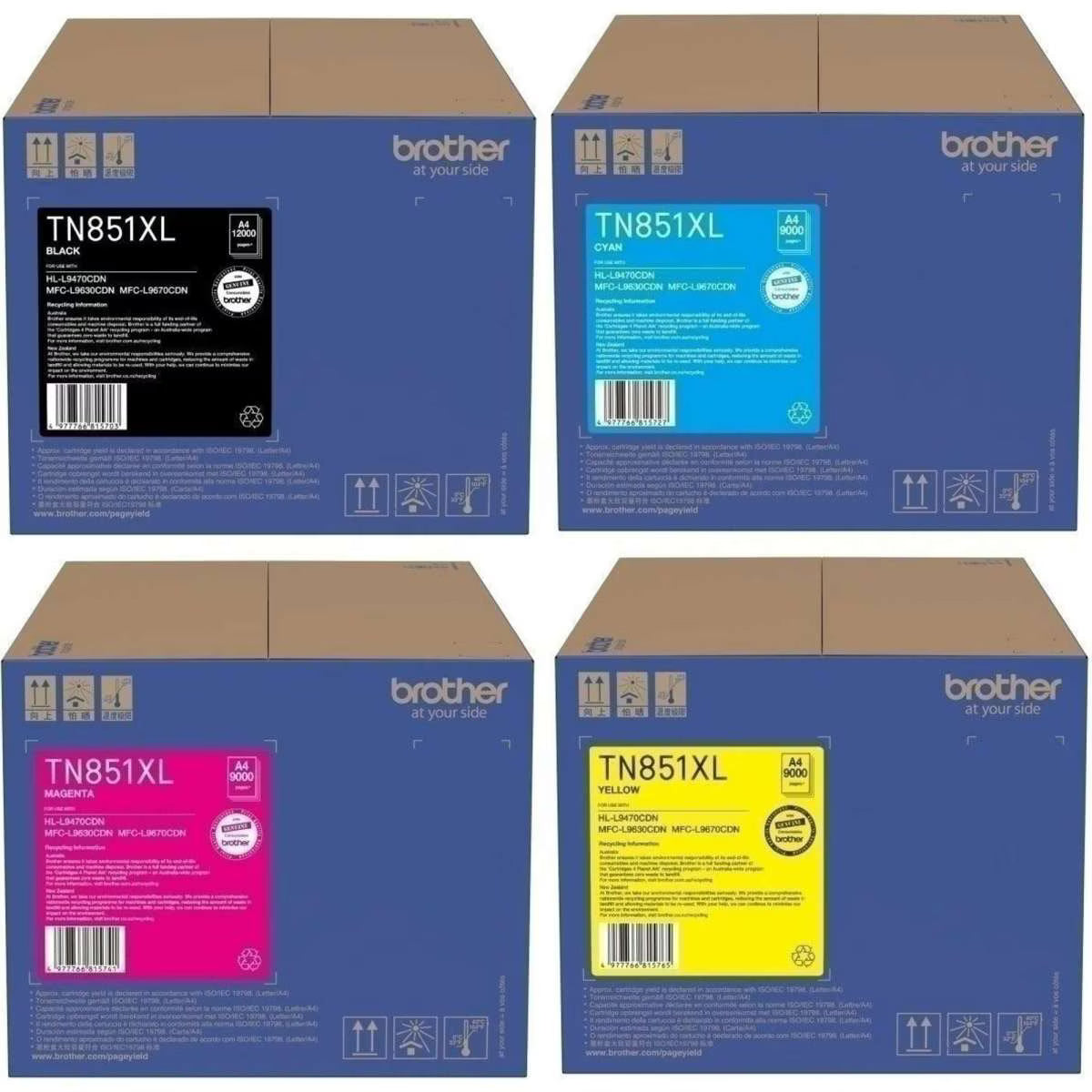 Bundle: 4x Pack Genuine Brother TN-851XL C/M/Y/K High Yield Toner Cartridge Set (12K/9K)