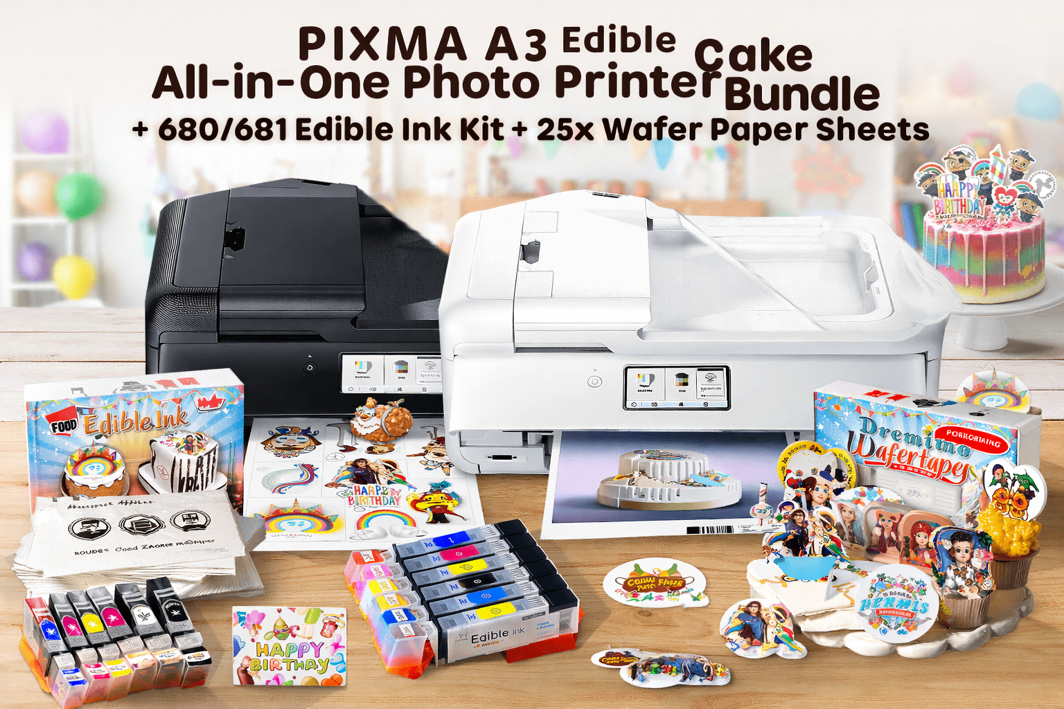 Canon PIXMA A3 Edible Cake All-in-One Photo Printer+Edible Ink Kit+25x Wafer Paper Bundle
