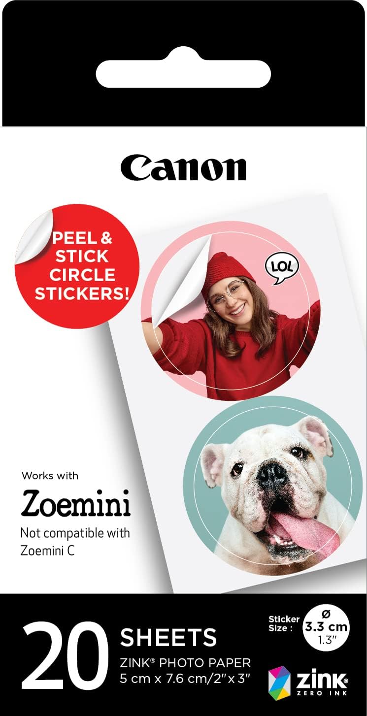 Genuine Canon 20x Sheets Zink Pre-Cut Circle Sticker Pack for Zoemini Photo Printers
