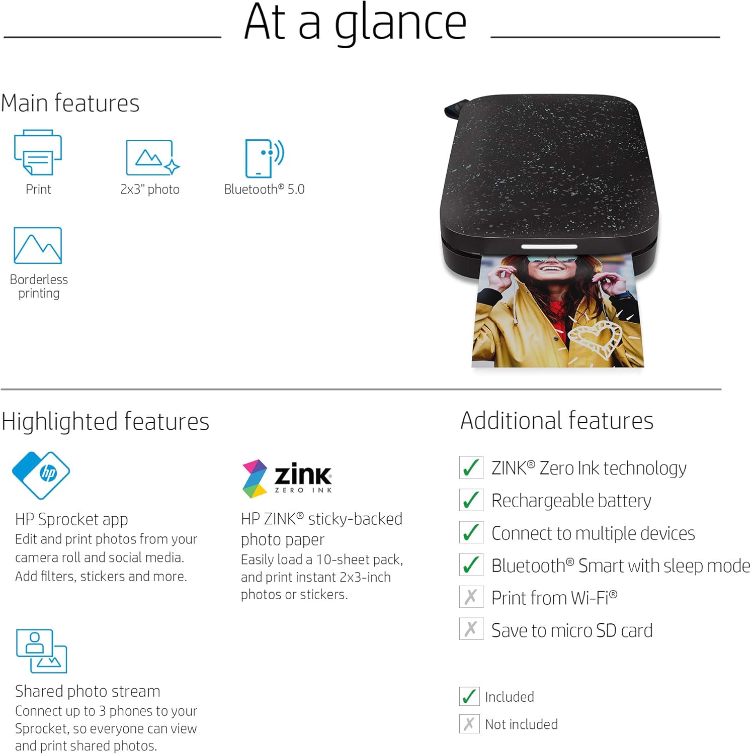 *Bundle* HP Sprocket Portable 2x3" Instant Photo Color Printer (Black Noir) Zink Paper+Carry Case