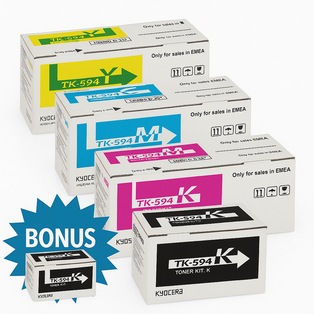 Genuine 4x Pack Kyocera TK-594 C/M/Y/K Toner Cartridge Set+BONUS:TK594K for FS-C2026MFP FS-C2526MFP