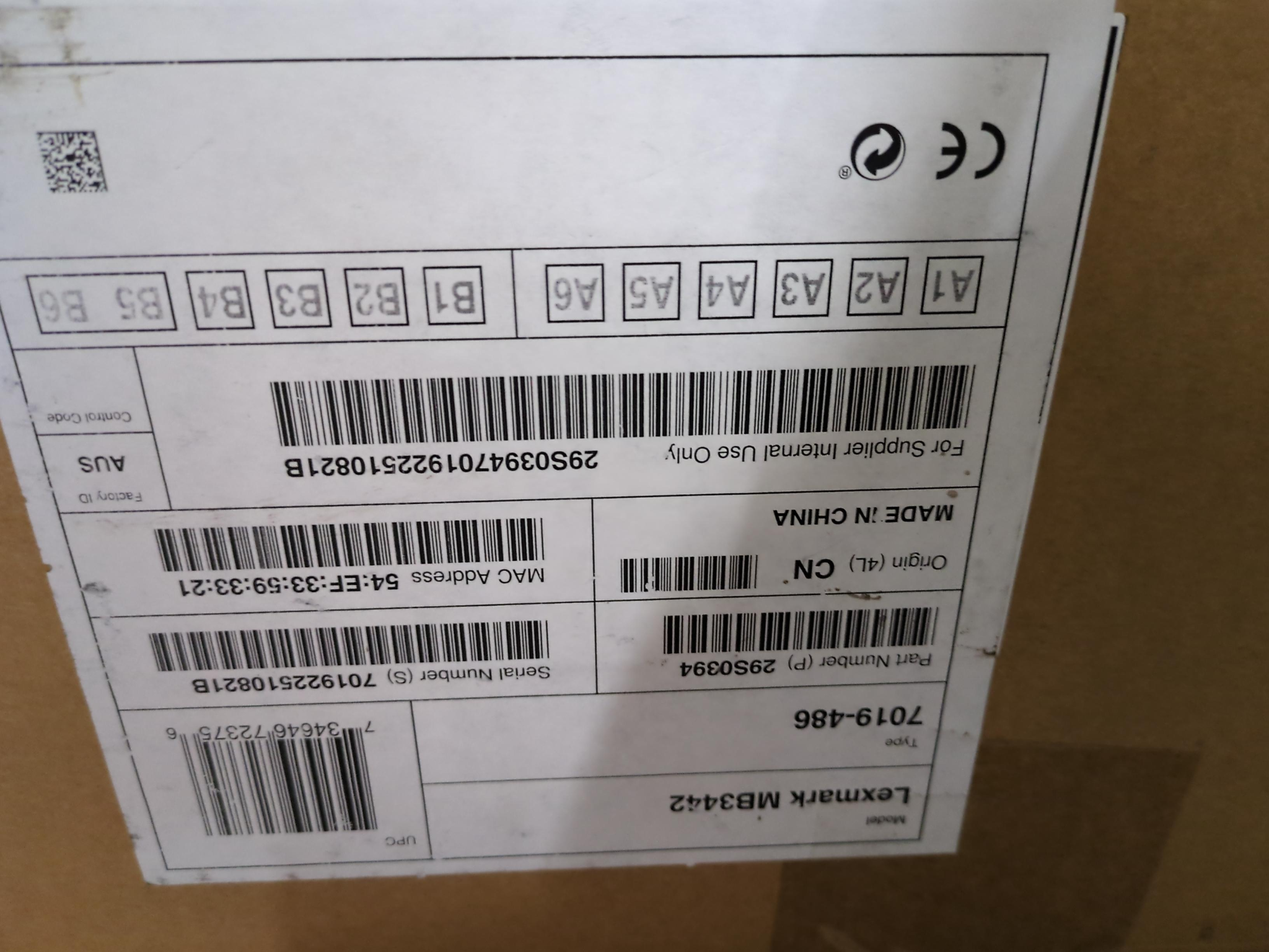 Lexmark MB3442i 29S0394 product label and serial number