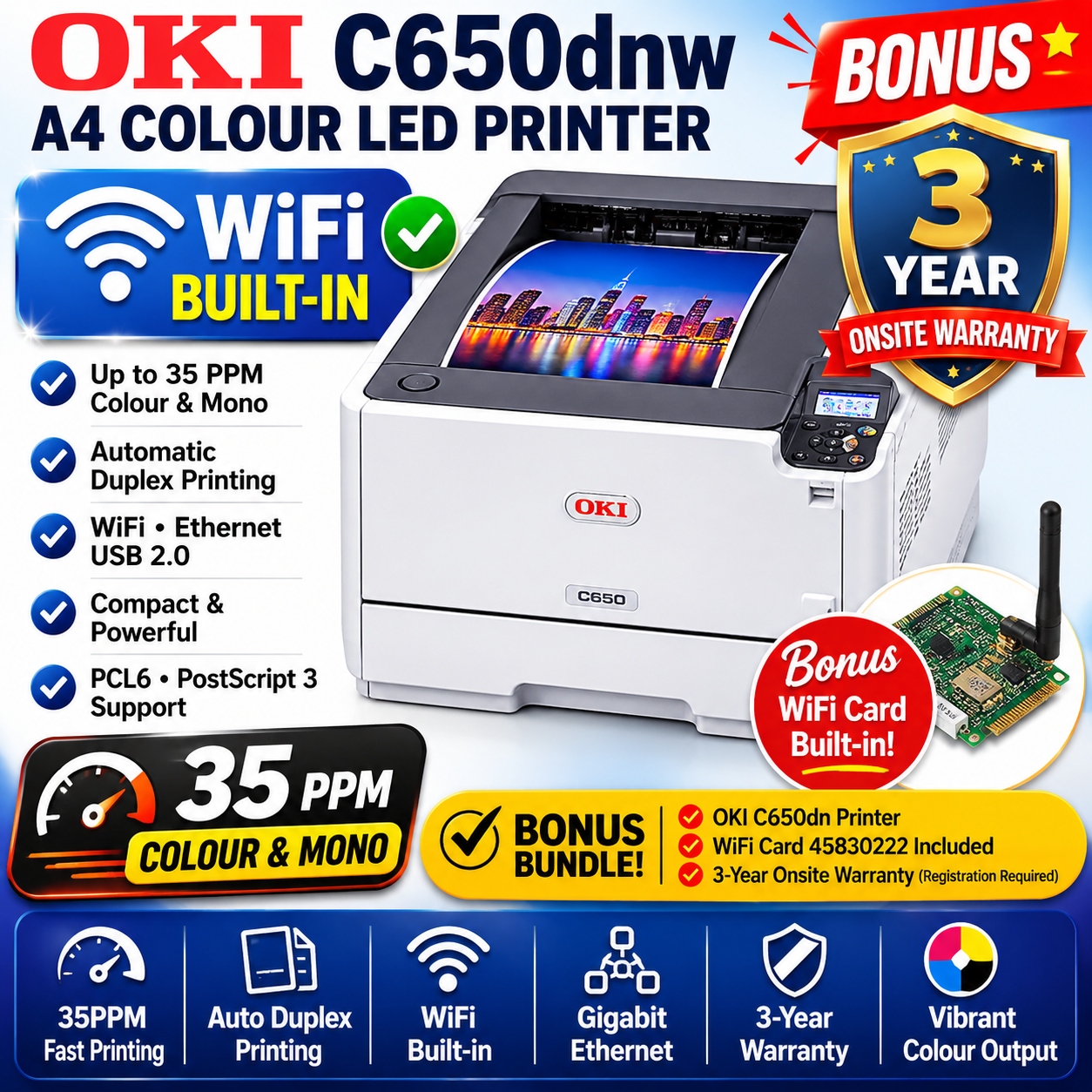 OKI C650dnw A4 LED Colour Laser Network Printer 35PPM+BONUS: WiFi Card 45830222