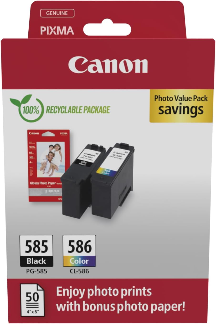 Genuine Canon PG585+ CL586 Ink Cartridge Value Pack+BONUS: GP501 4x6 50 Sheets Photo Paper