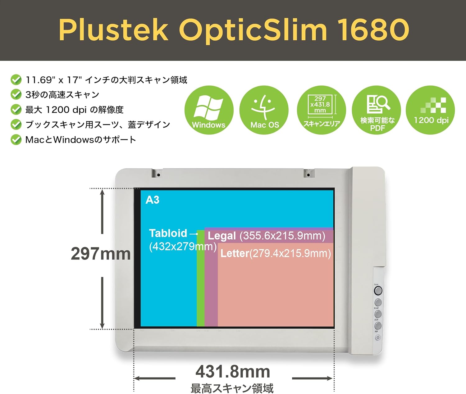 Plustek OpticSlim 1680 A3 Color Flatbed Scanner 1200 dpi, TWAIN Driver, Windows & Mac