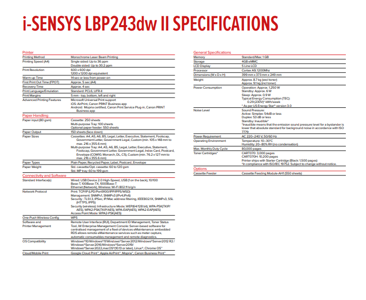 Canon i-SENSYS LBP243dwII A4 Monochrome Laser Printer – Single Function