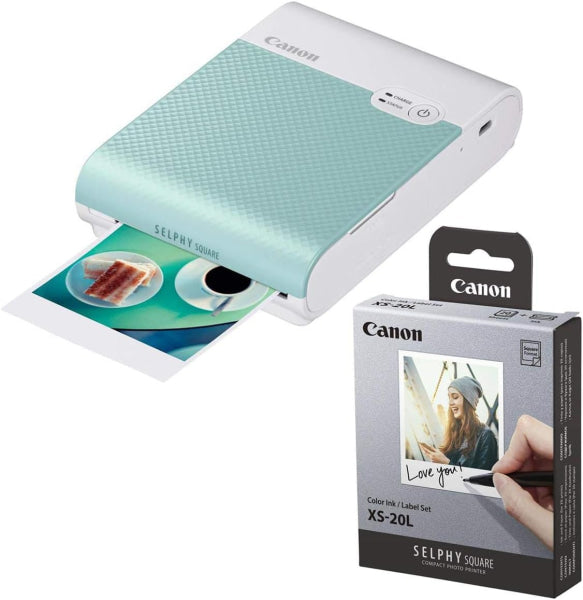 Bundle: Canon Selphy Square Qx10 Compact Photo Printer Green + Bonus: 20 Sheets Color Ink/Label Set