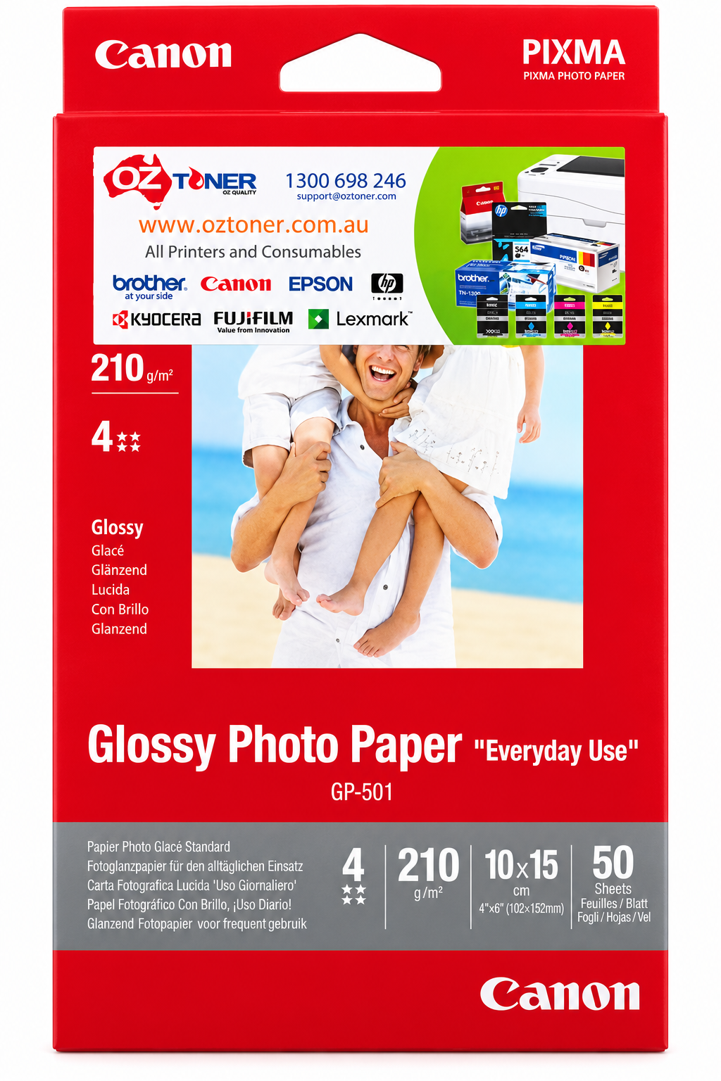 Illustrative Canon GP-501 glossy photo paper packaging for 10 x 15cm 210gsm 50 sheet aged stock offer