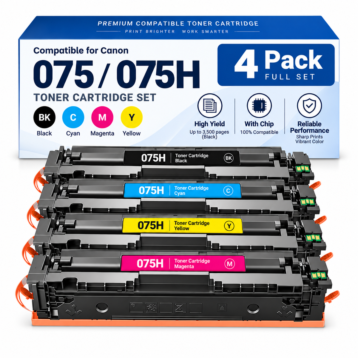 Compatible Canon 075H High Yield CMYK 4 Pack Toner Cartridge Set with Chip