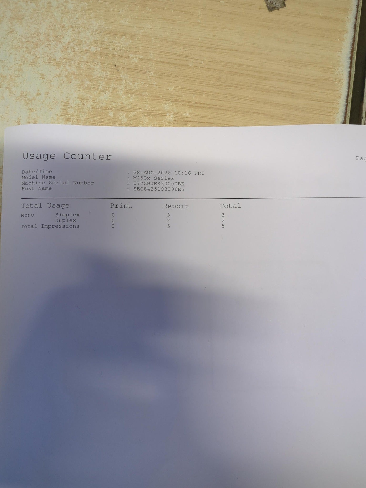 Samsung ProXpress M4530ND usage counter showing 5 total impressions