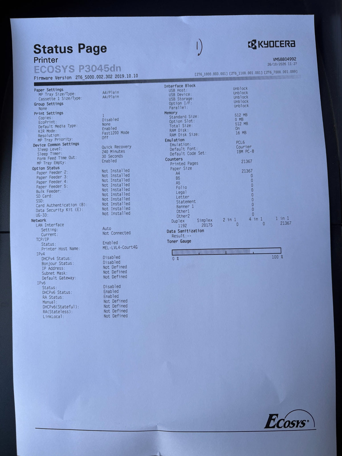 Kyocera ECOSYS P3045dn Unit 1 status page: 21,367 pages, serial VM58804992, B Grade, estimated toner 70%