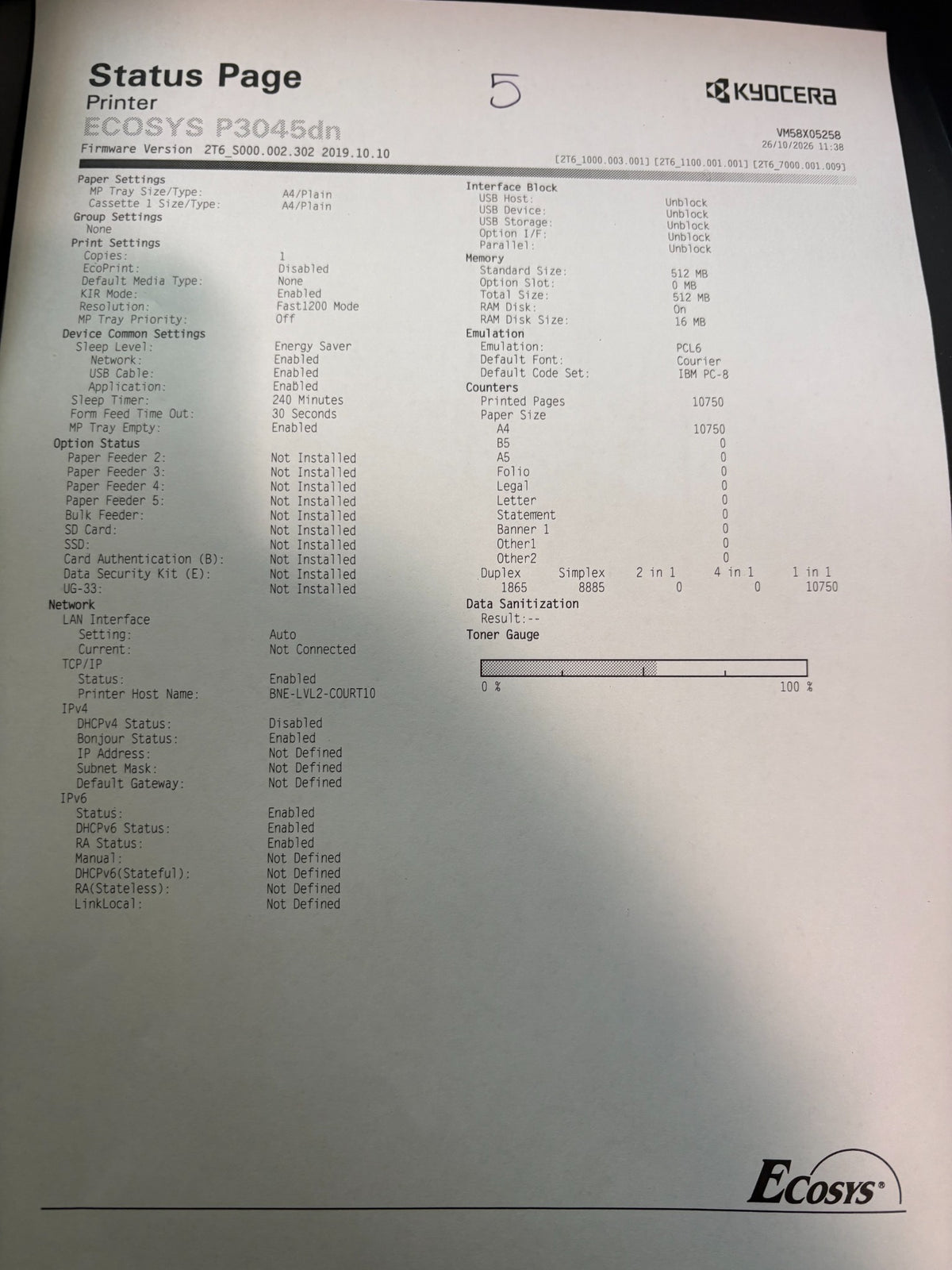Kyocera ECOSYS P3045dn Unit 5 status page: 10,750 pages, serial VM58X05258, C Grade, estimated toner 50%