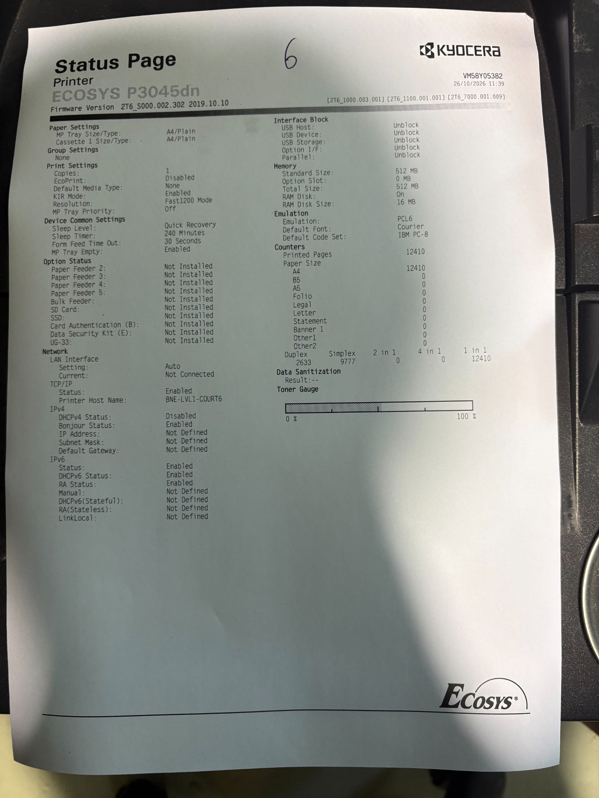 Kyocera ECOSYS P3045dn Unit 6 status page: 12,410 pages, serial VM58Y05382, C Grade, estimated toner 50%