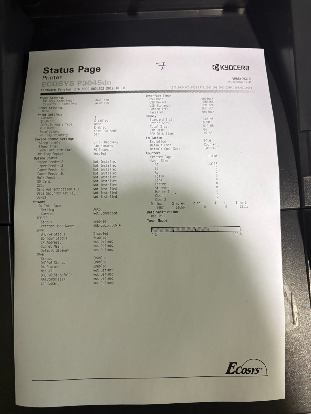 Kyocera ECOSYS P3045dn Unit 7 status page: 13,118 pages, serial VM58Y05376, B Grade, estimated toner 70%