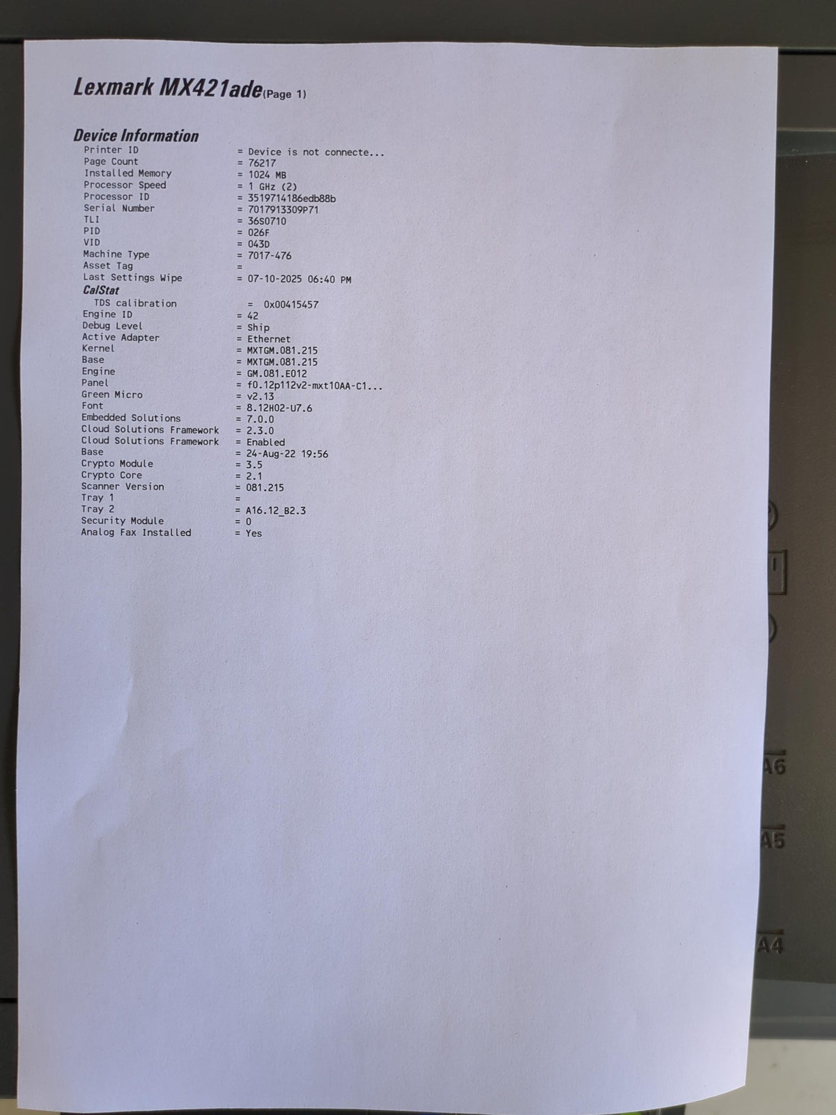 Used Lexmark MX421ade 76,217 page unit - device information page