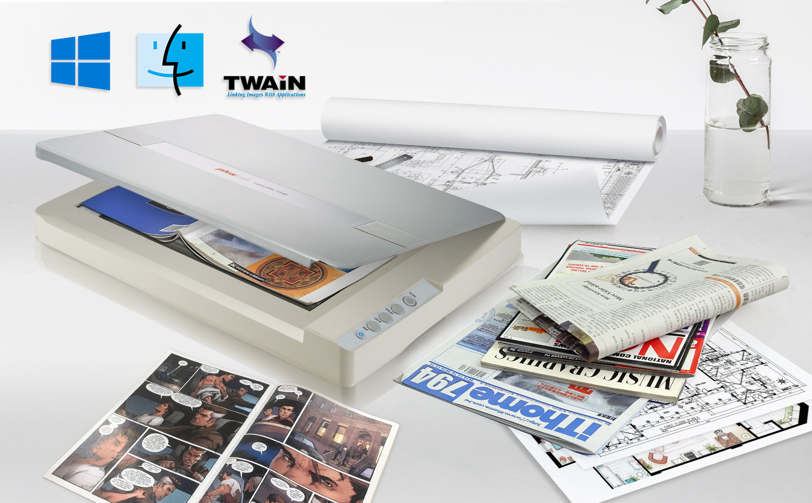 Plustek OpticSlim 1680 A3 Color Flatbed Scanner 1200 dpi, TWAIN Driver, Windows & Mac