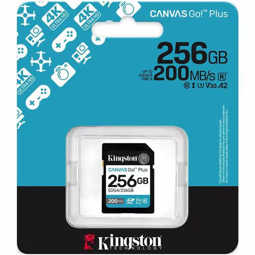 Kingston Canvas Go! Plus 256GB SD Memory Card Class 10/UHS-I (U3) V30 SDXC - 200 MB/s Read - 160 MB/s Write