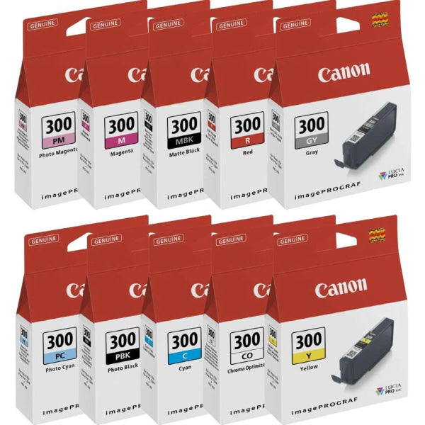 10X Pack Genuine Canon Pfi-300 Ink Cartridge Set (1Mbk 1C 1M 1Y 1R 1Gy 1Co 1Pbk 1Pc 1Pm) For