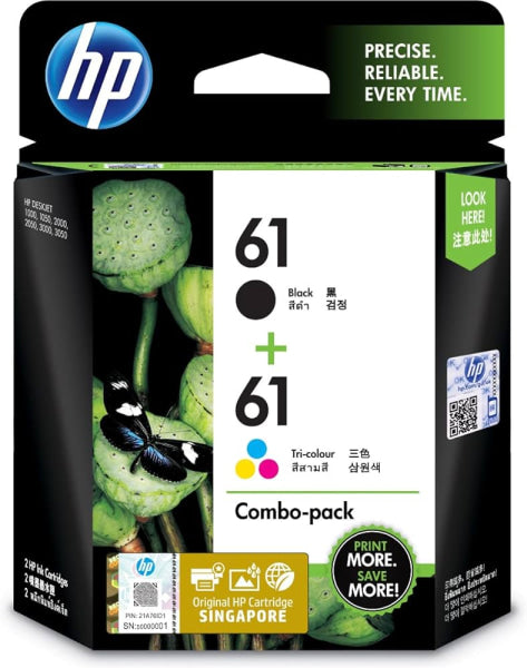 2X Pack Hp #61 Black & Colour Ink Cartridge Set Value Bundle (1Bk 1C) Ch561Wa Ch562Wa -
