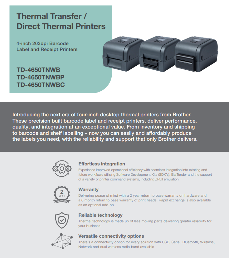 Brother TD-4650 Desktop Thermal Transfer Printer 203DPI Multi-Interface with Peeler (TD-4650TNWBP)