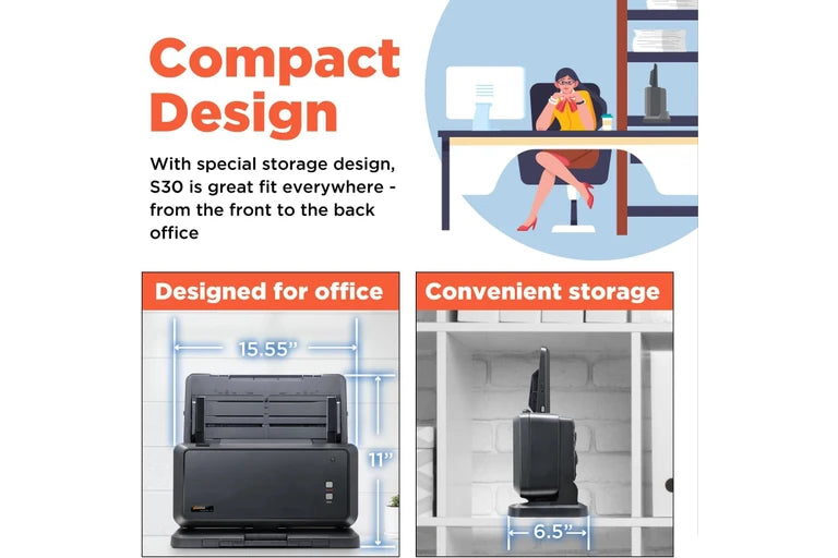 Plustek S30 Wide-Format Duplex Document Scanner 600dpi, Up to 12" and Long Up to 200"