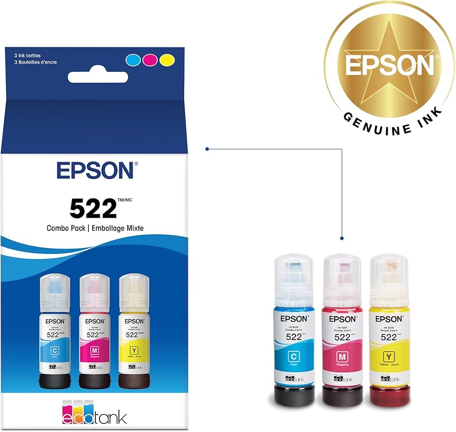 Genuine Epson T522 C/M/Y Ink Bottle Set – Ultra-High Capacity Colour Combo Pack [T00M292-T00M294]