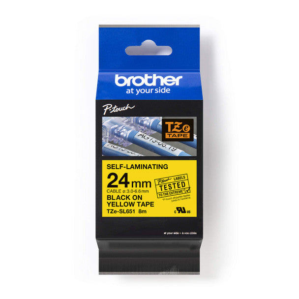 Genuine Brother TZe-SL651 Self-Laminating Label Tape Black on Yellow 24mm x 8m