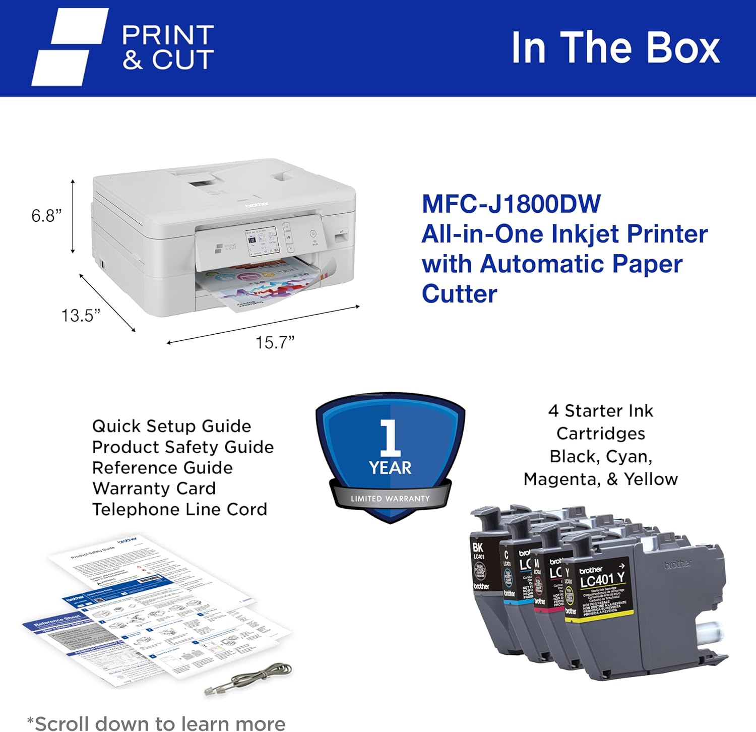 Brother DCP-J1800DW A4/A5 Print & Cut Multifunction Inkjet Wireless Printer+ADF+Paper Cutter LC431