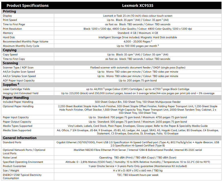 Lexmark XC9535 A3 Color Multifunction printer 35PPM 550-Sheet Tray [20L8800]