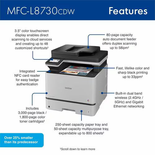 Brother MFC-L8730cdw A4 Business Colour Laser Multifunction Printer 31PPM (NZ)