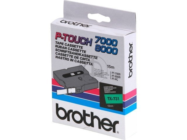 Genuine Brother TX-731 Laminated Labelling Tape 12MM x 15m for P-Touch 7000 8000 [Black on Green]