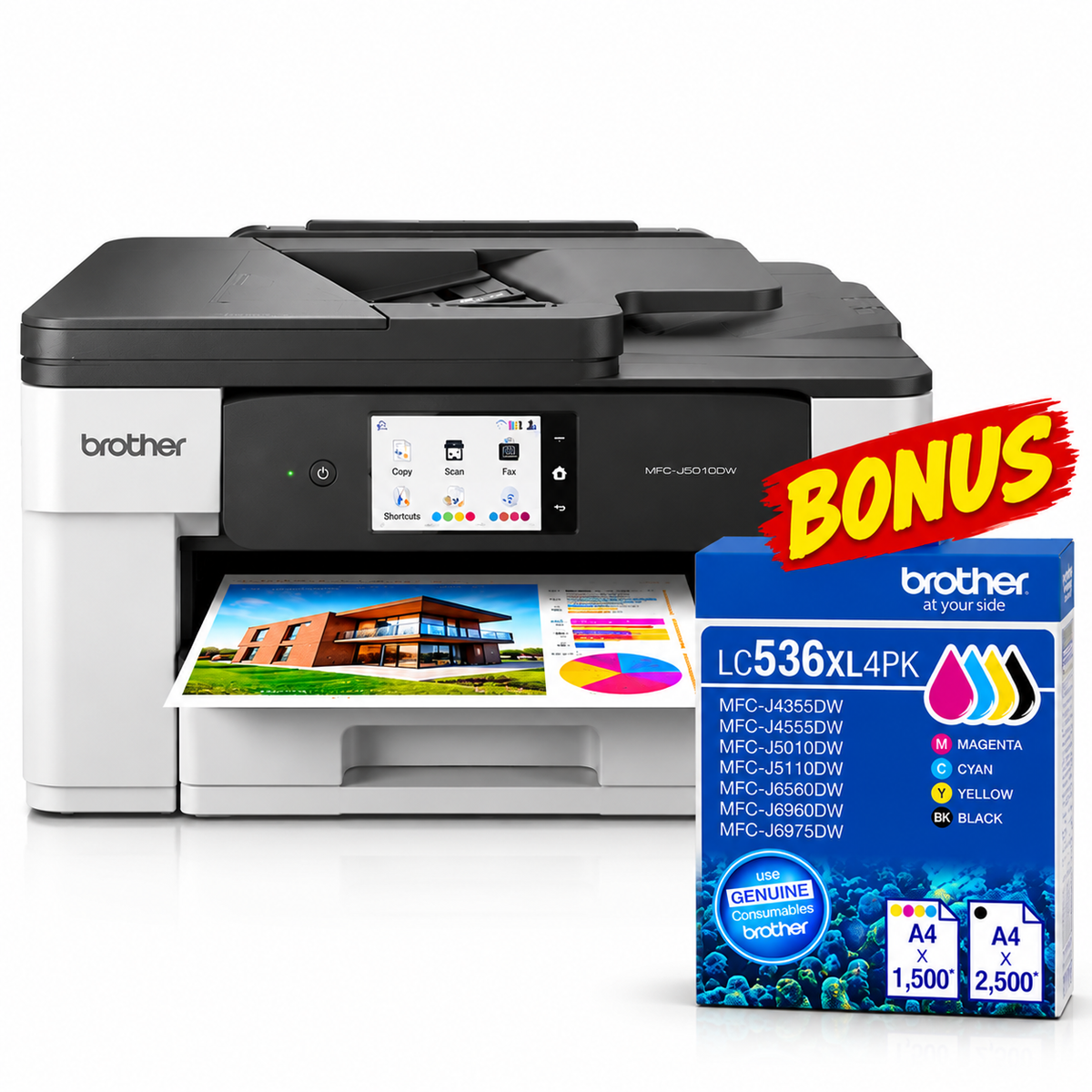Bundle: Brother MFC-J5010DW A4 Colour Inkjet All-in-One Printer+BONUS: LC536XL4PK