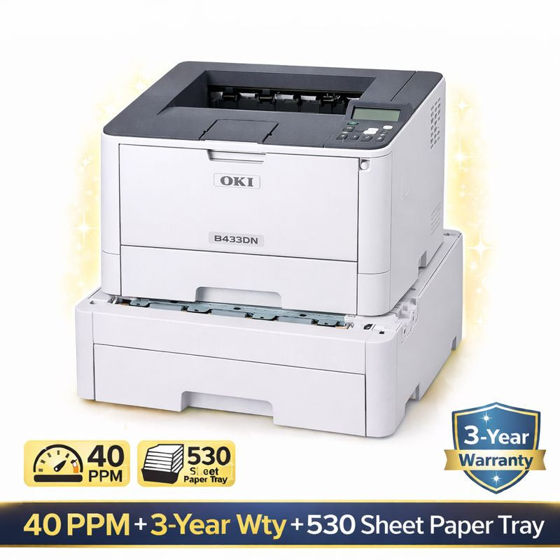 Bundle: OKI B433DN A4 Mono Laser SFP Printer+Duplex 40PPM+3-Year Wty+530 Sheet Paper Tray [YA8001-6500G006]