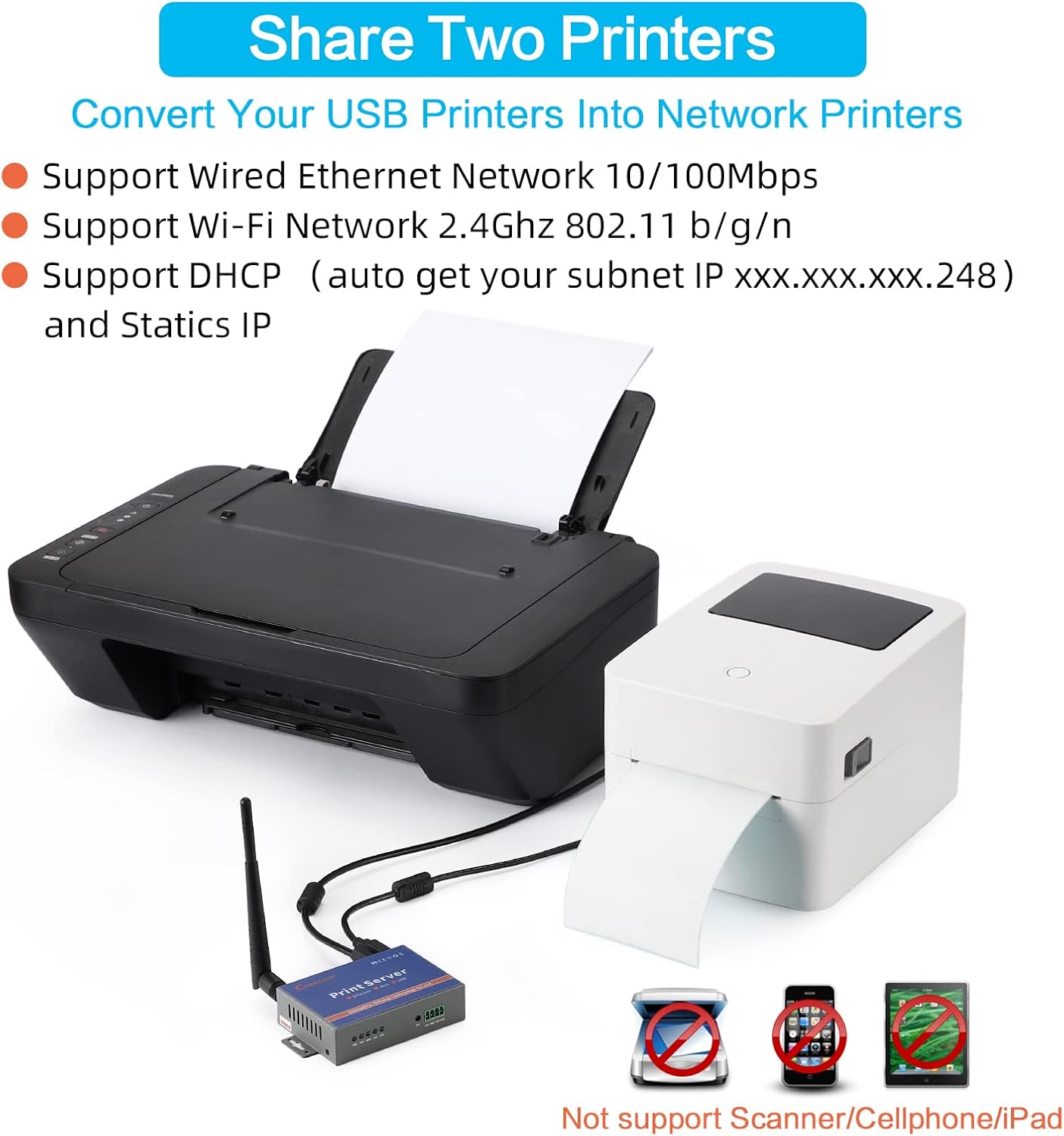 OZ CR202 Wireless Print Server for USB Printer, Convert Wired Printer to Wireless WiFi Ethernet - Win & Mac Linux