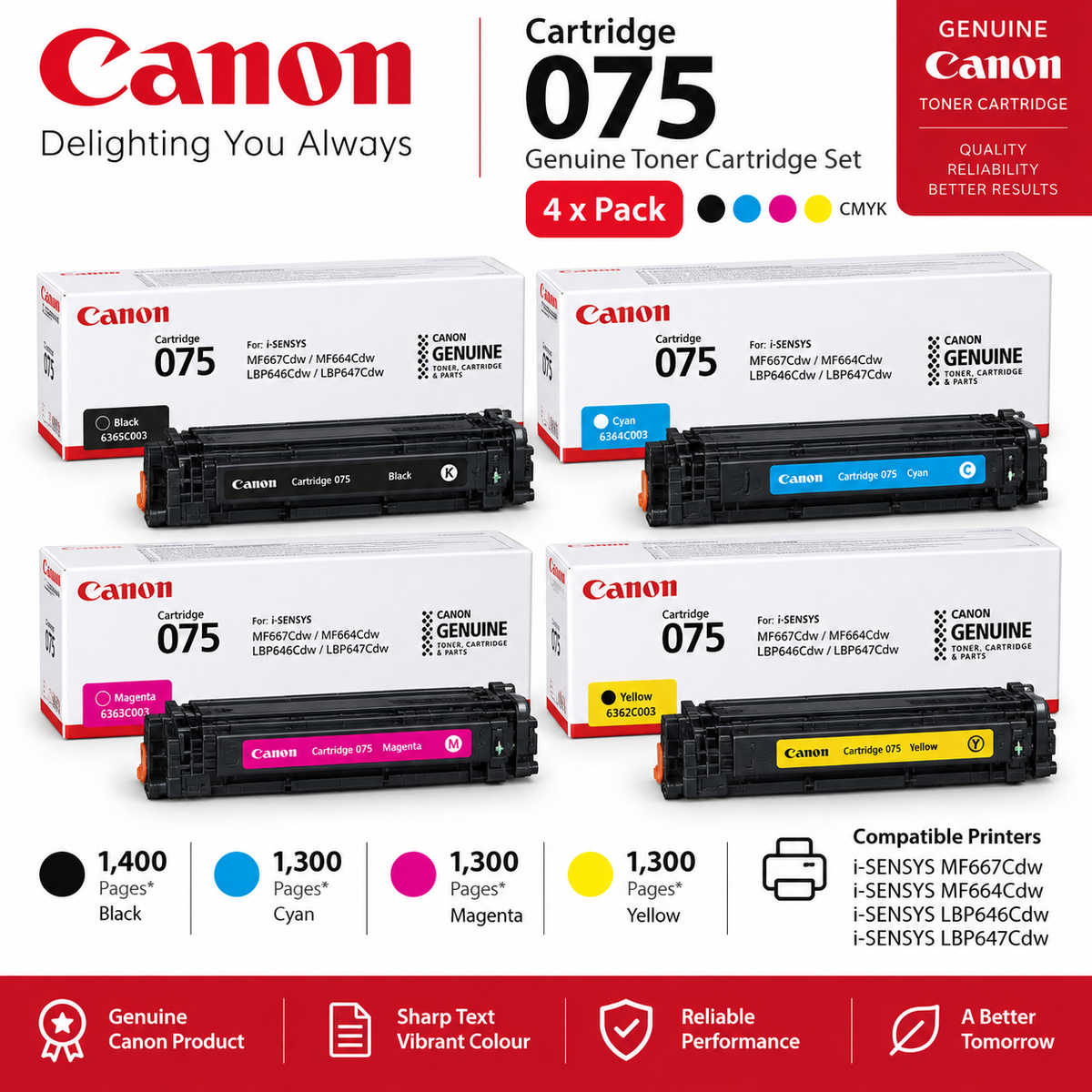 Bundle: 4x Pack Genuine Canon 075 CMYK Toner Cartridge Set MF664 MF667 [CART075]