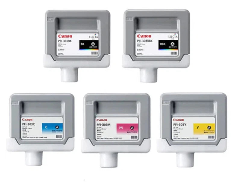*CLEAR!* 5x Pack Genuine Canon iPF810/iPF815/iPF820/iPF825 PFI-303 C/M/Y/BK/MBK Pigment Ink Set [330ml]