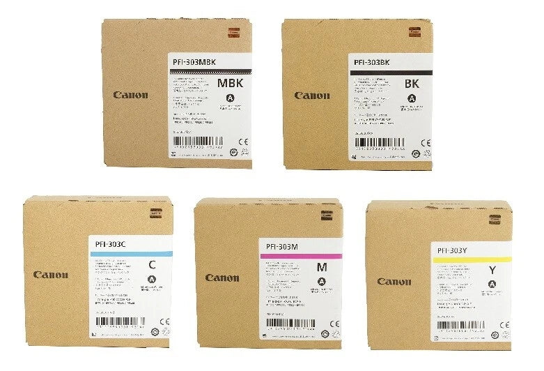 *CLEAR!* 5x Pack Genuine Canon iPF810/iPF815/iPF820/iPF825 PFI-303 C/M/Y/BK/MBK Pigment Ink Set [330ml]