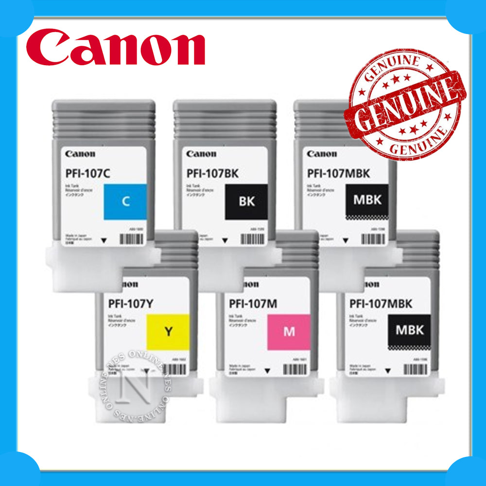 Bundle: 6x Pack Genuine Canon PFI-107 2x MBK+1x BK/C/M/Y Ink Cartridge Set for IPF670 IPF770