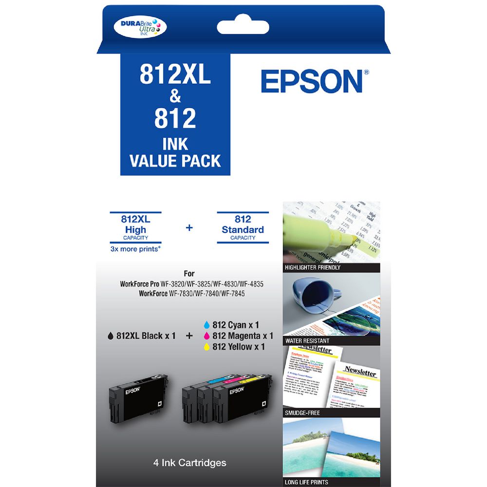 Epson 812XL Ink Cartridges 4 Colour Value Pack Black XL + CMY (EP812XLBVP)