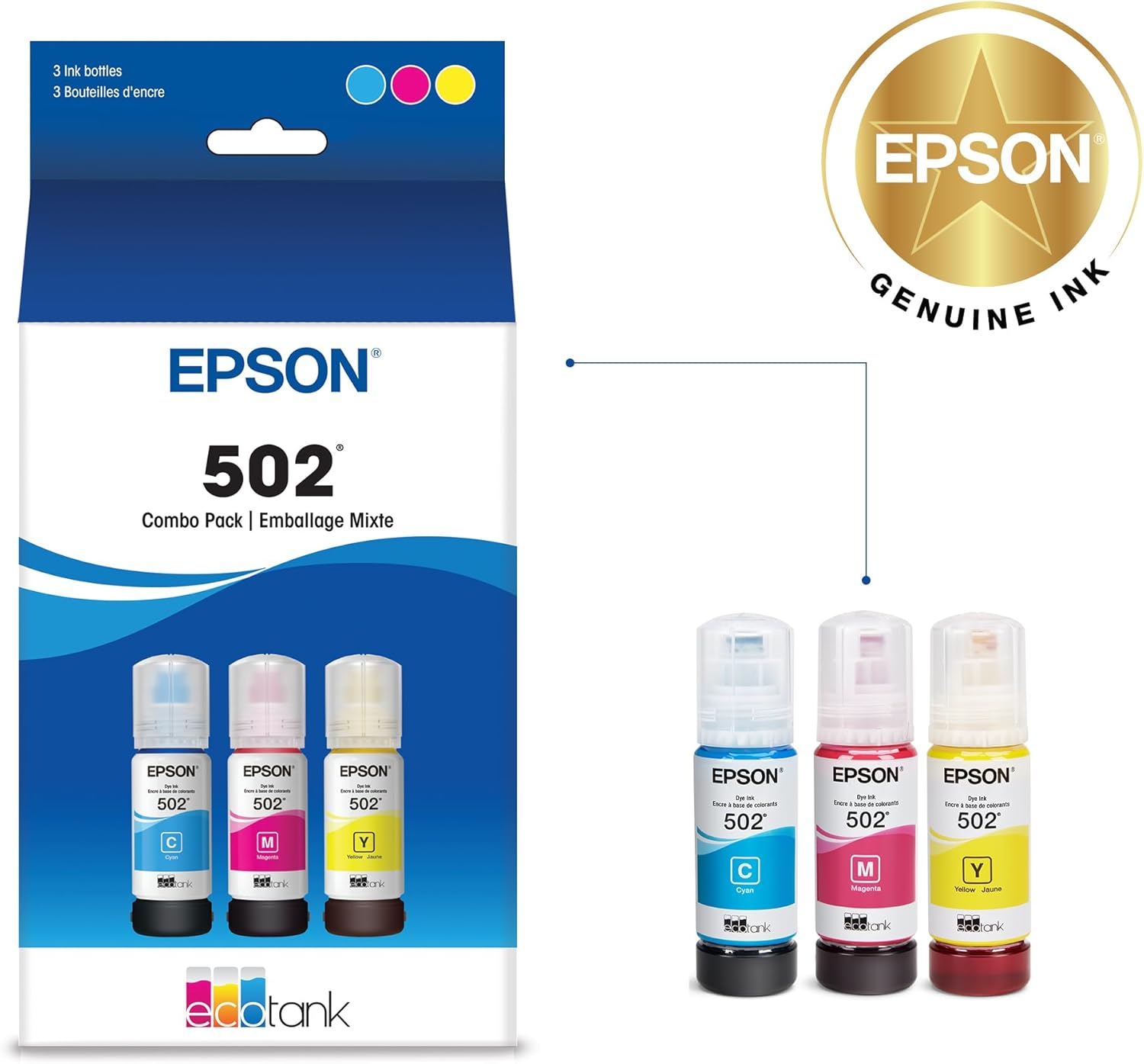 Bundle: Epson T502 EcoTank Ink Bottle Color Combo Pack for ET-2850 ET-2950 ET-3800 ET-3900 ET-4850 ET-4950